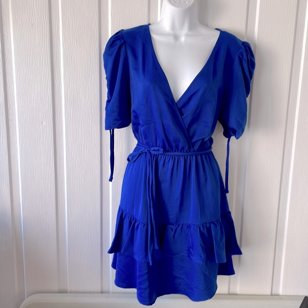 Solid Blue Overlap Collar Dress